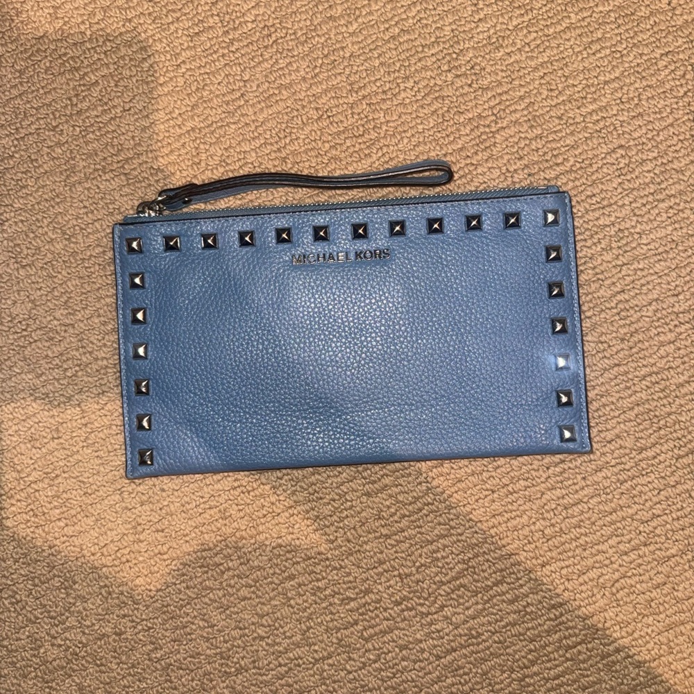Michael Kors Light Blue Pebbled Leather Studded Wristlet